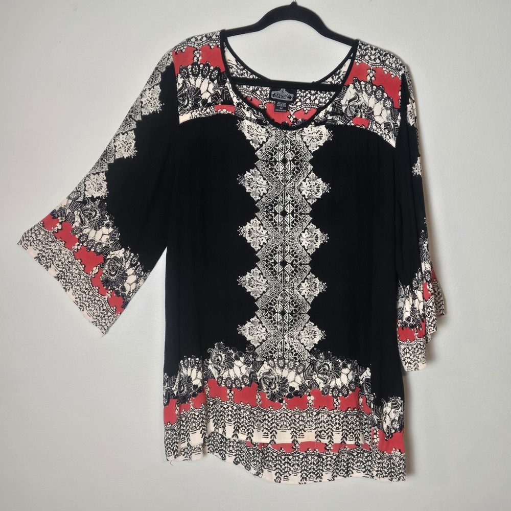 Angie Long Line Bohemian Tunic Top Sz L Wide Sleeve Flowy Festival Artsy